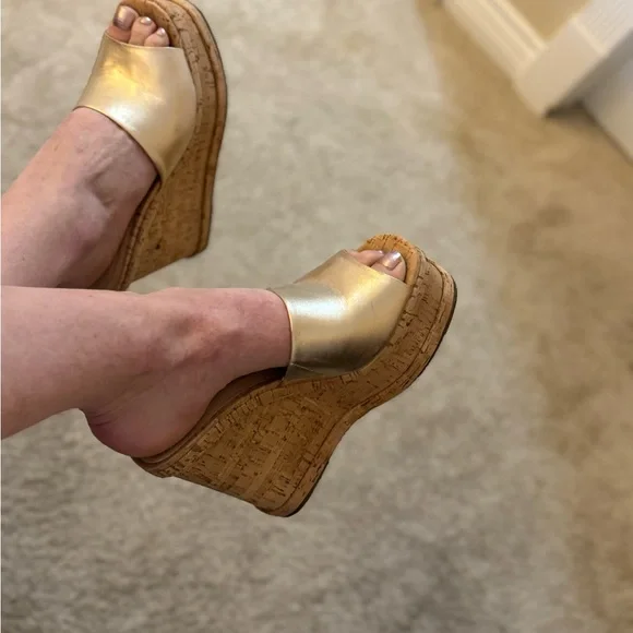 SCHUTZ Gold Wedge Sandals - Picture 1 of 9